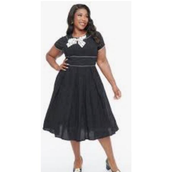 Unique Vintage Jana Black swing dress Polka Dot Bow 1950s Sz 1X #48 - Picture 3 of 11